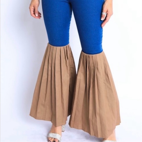 Blue Denim Pleated Bell Bottom Pants - Picture 2 of 8
